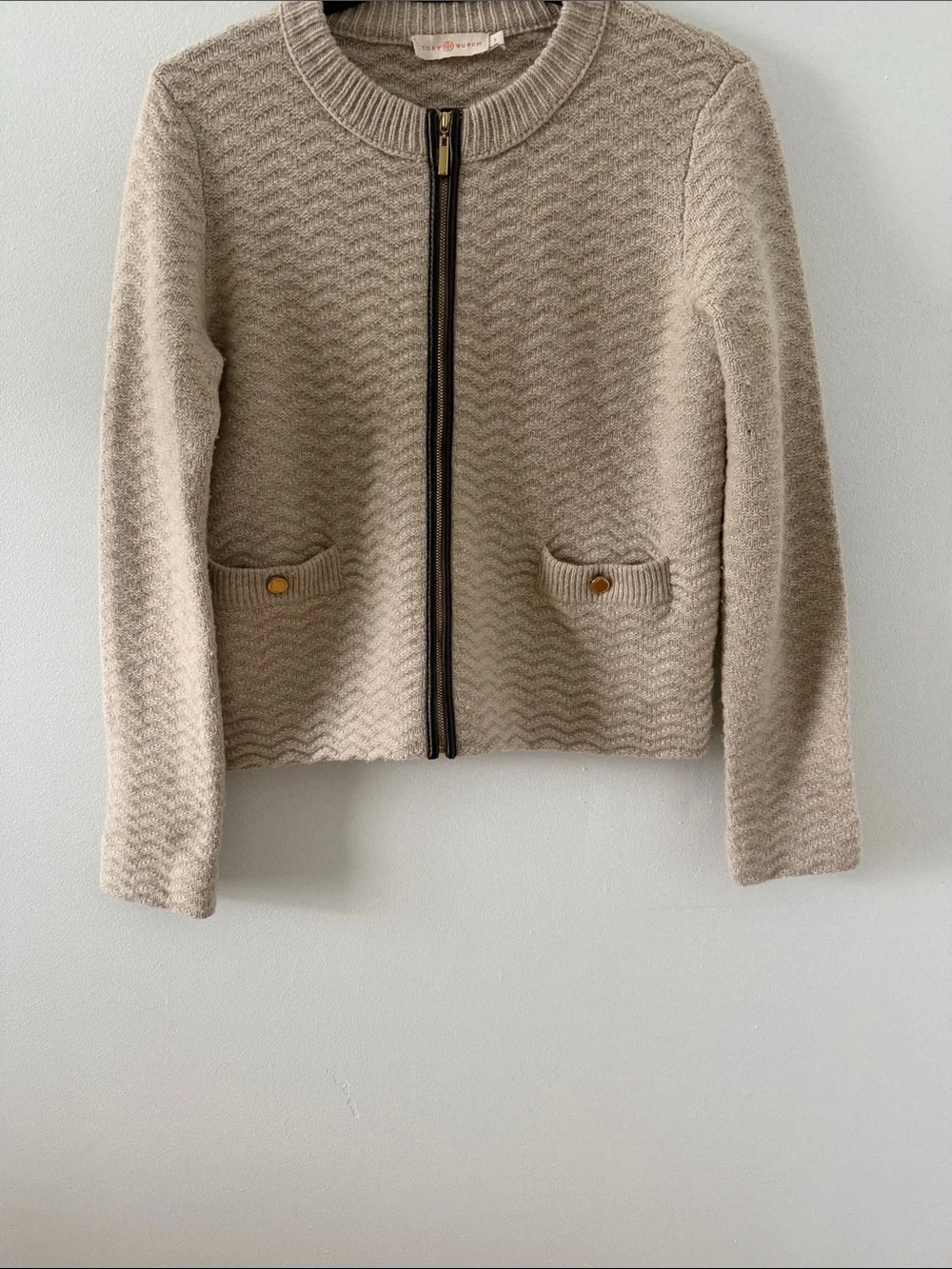 Textured Zip-Front Knit Jacket in Light Taupe. Size Small.